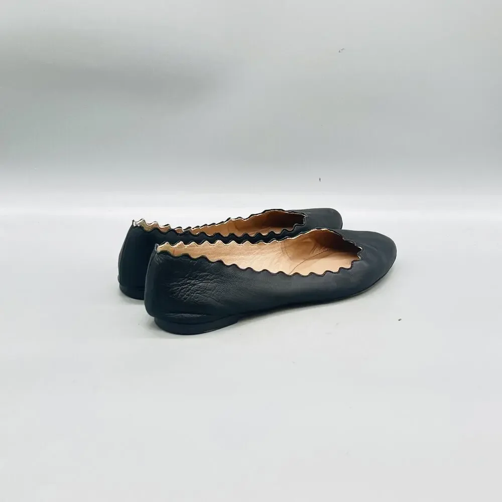 Chloe Shoes Womens 7 Black Leather Lauren Ballet Flats Scalloped Slip On Comfort